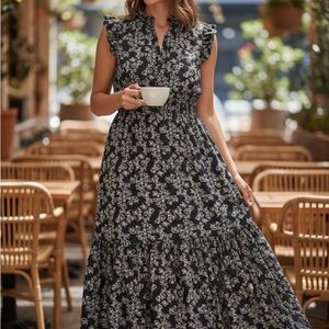 Banana republic Navy Floral Ruffle Sleeve Maxi Dress